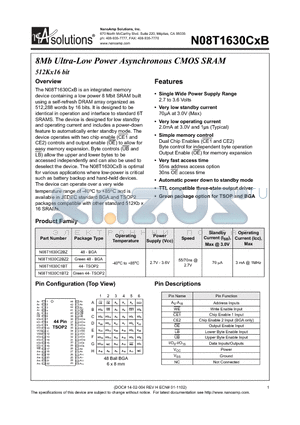 N08T1630C1BT-70 datasheet - 8Mb Ultra-Low Power Asynchronous CMOS SRAM 512Kx16 bit