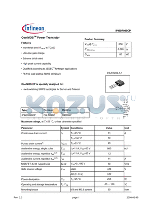 IPI60R099CP_08 datasheet - CoolMOS Power Transistor