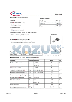 IPI60R125CP datasheet - CoolMOSTM Power Transistor