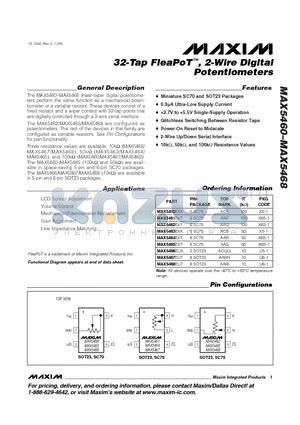 MAX5461EXT datasheet - 32-Tap FleaPoT, 2-Wire Digital Potentiometers