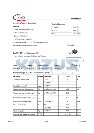 IPI60R199CP datasheet - CoolMOS Power Transistor