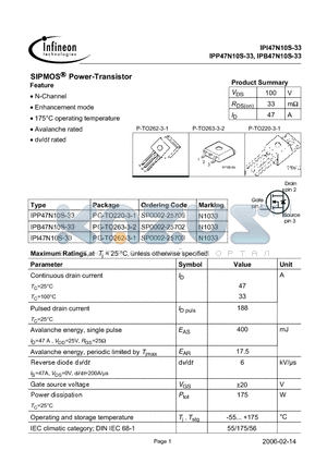 IPI47N10S-33 datasheet - SIPMOS Power-Transistor Feature N-Channel Enhancement mode