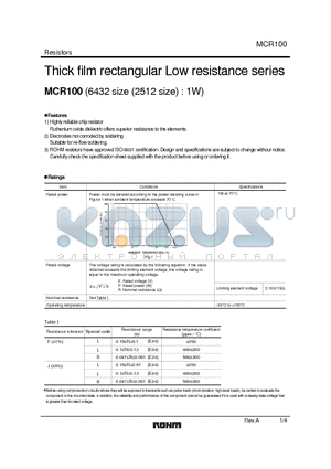 MCR100JZHJS datasheet - Thick film rectangular Low resistance series