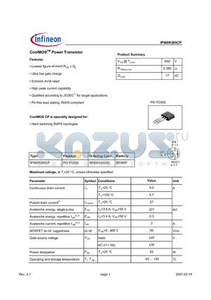 IPI60R385CP datasheet - CoolMOSTM Power Transistor