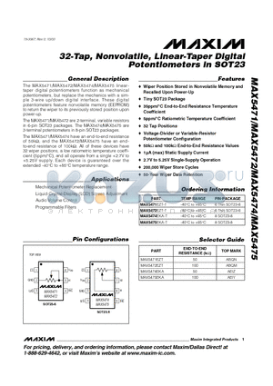 MAX5471 datasheet - 32-Tap, Nonvolatile, Linear-Taper Digital Potentiometers