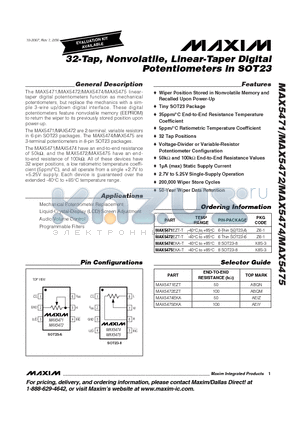 MAX5471EZT datasheet - 32-Tap, Nonvolatile, Linear-Taper Digital Potentiometers in SOT23