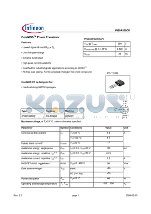 IPI60R520CP datasheet - CoolMOS Power Transistor