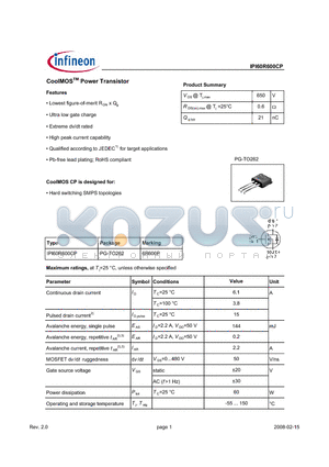 IPI60R600CP datasheet - CoolMOSTM Power Transistor