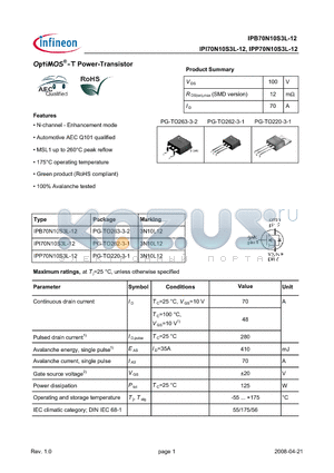 IPI70N10S3L-12 datasheet - OptiMOS-T Power-Transistor