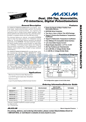 MAX5477 datasheet - Dual, 256-Tap, Nonvolatile, I2C-Interface, Digital Potentiometers
