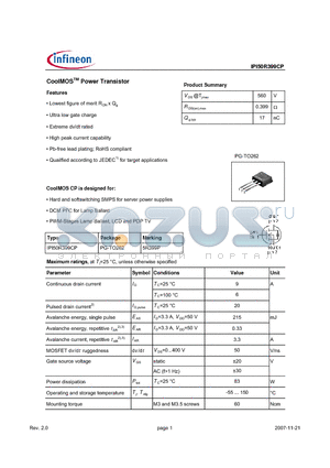 IPI50R399CP datasheet - CoolMOSTM Power Transistor