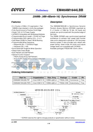 EM484M1644LBB-7FE datasheet - 256Mb (4M4Bank16) Synchronous DRAM