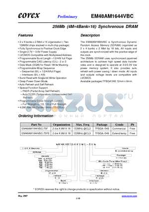 EM484M1644VBB-75FE datasheet - 256Mb (4M4Bank16) Synchronous DRAM