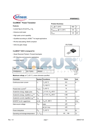 IPI90R800C3 datasheet - CoolMOS Power Transistor