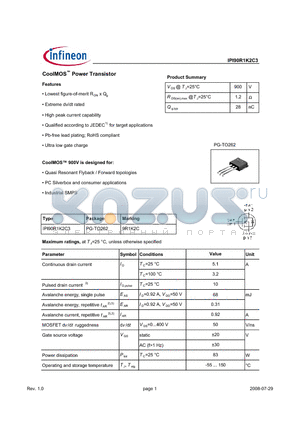 IPI90R1K2C3 datasheet - CoolMOS Power Transistor