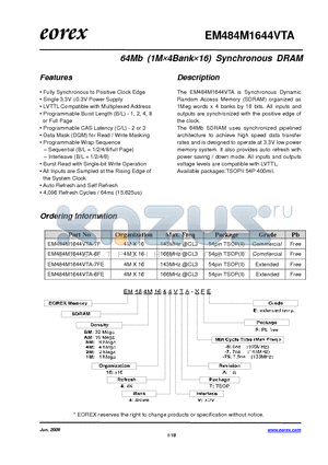EM484M1644VTA-6F datasheet - 64Mb (1M4Bank16) Synchronous DRAM