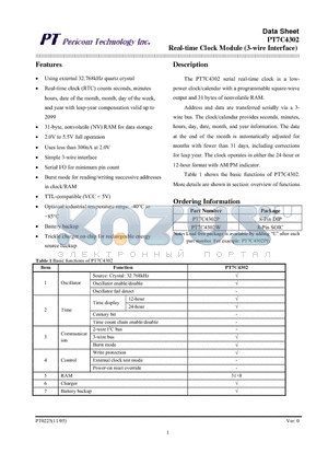 PT7C4302 datasheet - Real-time Clock Module (3-wire Interface)