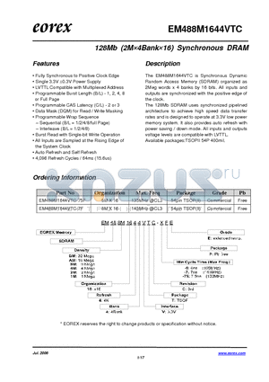 EM484M1644VTC-75FE datasheet - 128Mb (2M4Bank16) Synchronous DRAM