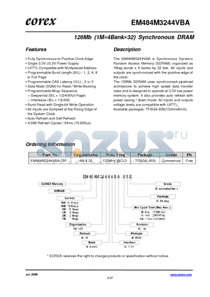 EM484M3244VBA-6FE datasheet - 128Mb (1M4Bank32) Synchronous DRAM