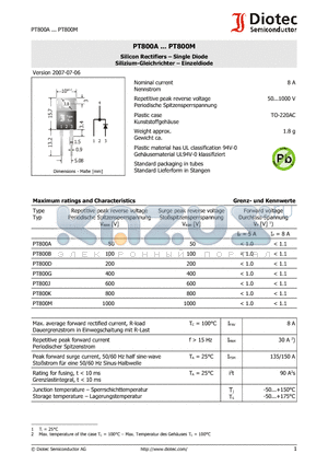 PT800G datasheet - Silicon Rectifiers - Single Diode Silizium-Gleichrichter - Einzeldiode