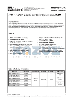 N16D1618LPAC2-75I datasheet - 512K  16 Bits  2 Banks Low Power Synchronous DRAM