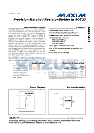 MAX5491VA10000-T datasheet - Precision-Matched Resistor-Divider in SOT23
