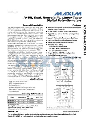 MAX5498ETE datasheet - 10-Bit, Dual, Nonvolatile, Linear-Taper Digital Potentiometers