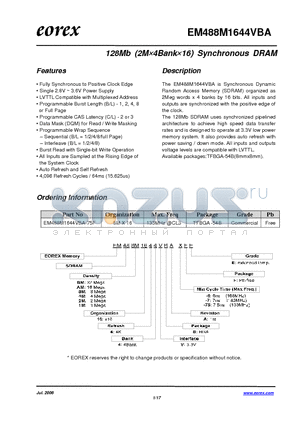 EM488M1644VBA-75FE datasheet - 128Mb (2M4Bank16) Synchronous DRAM