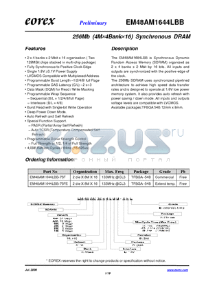 EM488M1644LBB-75FE datasheet - 256Mb (4M‡4Bank‡16) Synchronous DRAM