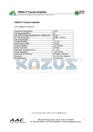 JXWBLA-T-60-80-25 datasheet - 70MHz IF Coaxial Amplifier