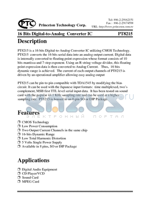 PT8215 datasheet - 16 Bits Digital-To-Analog Converter IC
