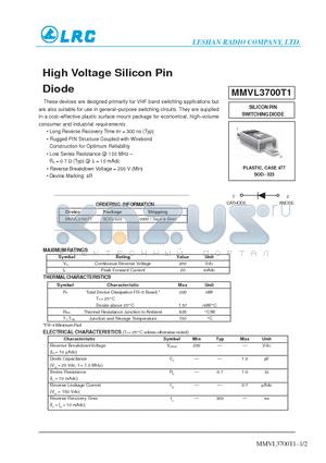 MMVL3700T1 datasheet - High Voltage Silicon Pin Diode