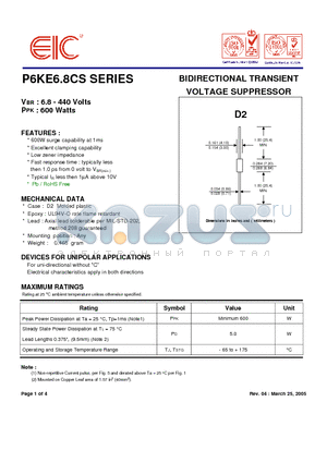 P6KE220CAS datasheet - BIDIRECTIONAL TRANSIENT VOLTAGE SUPPRESSOR