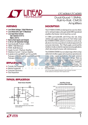 LTC6084CDD-PBF datasheet - Dual/Quad 1.5MHz, Rail-to-Rail, CMOS Amplifi ers