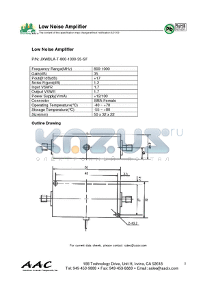 JXWBLA-T-800-1000-35-SF datasheet - Low Noise Amplifier