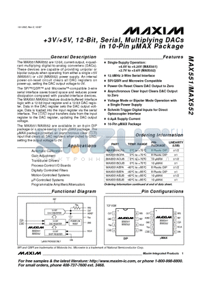 MAX551AEPA datasheet - 3V/5V, 12-Bit, Serial, Multiplying DACs in 10-Pin lMAX Package