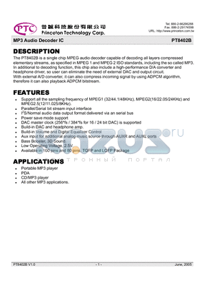 PT8402B-TQ datasheet - MP3 Audio Decoder IC