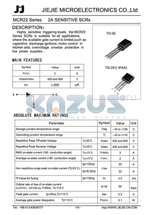 MCR22 datasheet - 2A SENSITIVE SCRs