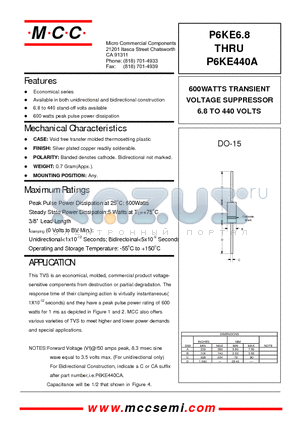 P6KE22A datasheet - 600WATTS TRANSIENT VOLTAGE SUPPRESSOR 6.8 TO 440 VOLTS