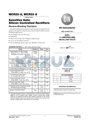 MCR22-6 datasheet - SENSITIVE GATE SILICON CONTROLLED RECTIFIERS