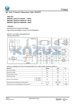 PT8822 datasheet - 20 V Dual N-Channel Enhancement Mode MOSFET