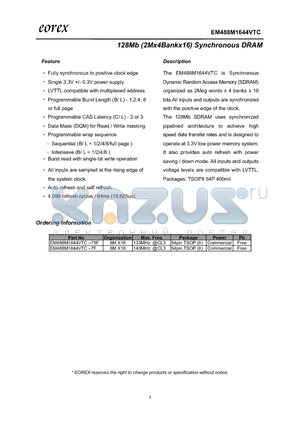 EM488M1644VTC-7F datasheet - 128Mb (2Mx4Bankx16) Synchronous DRAM