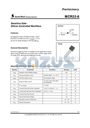 MCR22-8 datasheet - Sensitive Gate Silicon Controlled Rectifiers
