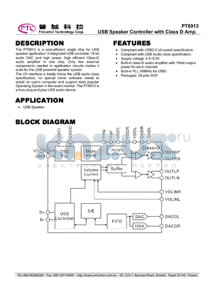 PT8913-S datasheet - USB Speaker Controller with Class D Amp.