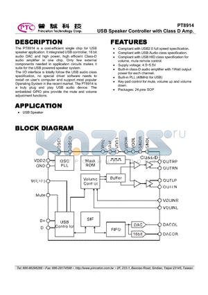 PT8914_10 datasheet - USB Speaker Controller with Class D Amp.