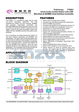 PT8921 datasheet - Smart Audio Combo-Station with USB Mini-Host & SD/MMC Host Interface Controller