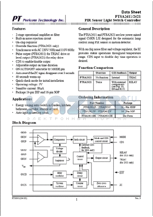 PT8A2621W datasheet - PIR Sensor Light Switch Controller