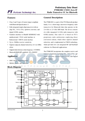 PT8R1002 datasheet - CMOS Zero-IF Radio Transceiver IC for Bluetooth