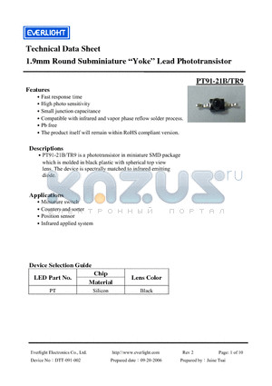 PT91-21B/TR9 datasheet - 1.9mm Round Subminiature Yoke Lead Phototransistor