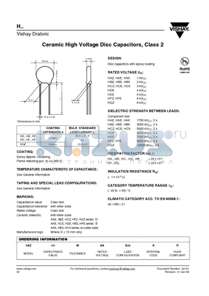 HEE222 datasheet - Ceramic High Voltage Disc Capacitors, Class 2